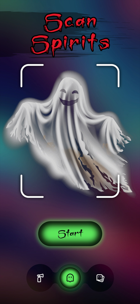 AR Spirits Box: Ghost Detector - 스캐너 뷰파인더에 귀신이 보이는 AR Spirits Box 앱 인터페이스, 시작 버튼 포함