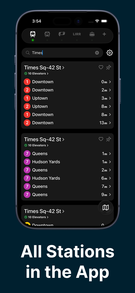 Interface do aplicativo Widget do Metrô de NYC mostrando partidas de trem em tempo real para a estação Times Square 42 St em um iPhone