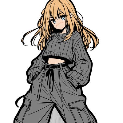 anime teen girl with baggy pants and crop top with sweater