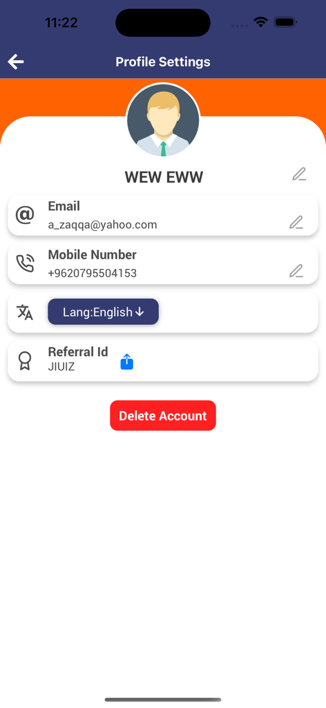 Besun - بيسان - Besun App Profil-Einstellungen Bildschirm mit Benutzerkontodetails einschliesslich E-Mail, Mobiltelefonnummer und Sprachoptionen