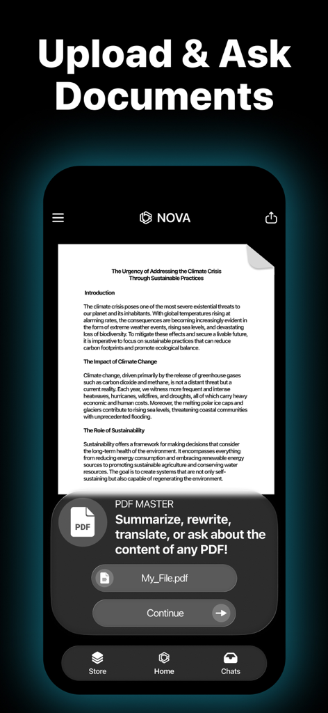 Interfaz de la aplicación Nova AI que muestra un documento PDF siendo subido para resumen y análisis.