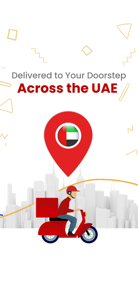 Meals On Me - Um entregador em uma scooter vermelha com um fundo de horizonte da cidade e um ícone de pino de localização dos Emirados Árabes Unidos.