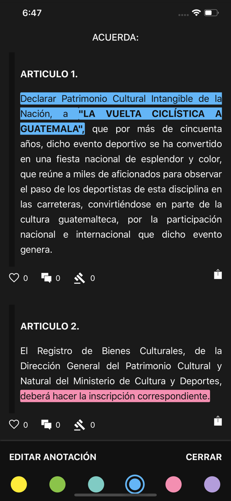 Infile Juris app interface showing highlighted Guatemalan legal articles and text annotation tools.