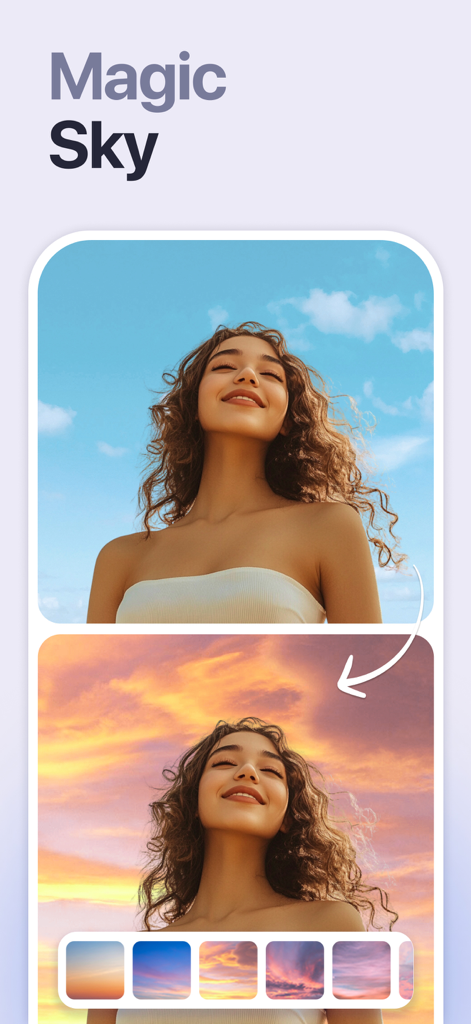 Retouch: AI Object Remover - Comparison of a portrait before and after using the AI Magic Sky feature to change a blue sky to a sunset