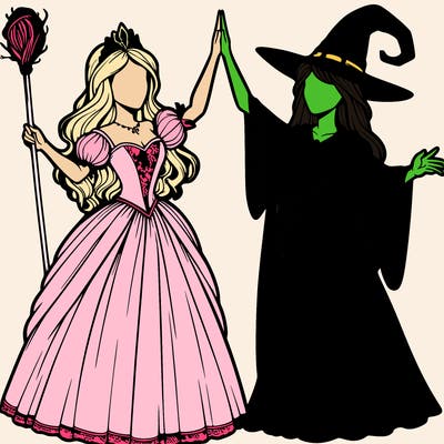 detailed realistic split of a princess and a witch