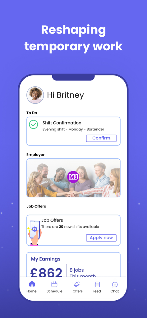 Ubeya - Ubeya mobile app dashboard showing job offers and shift confirmations