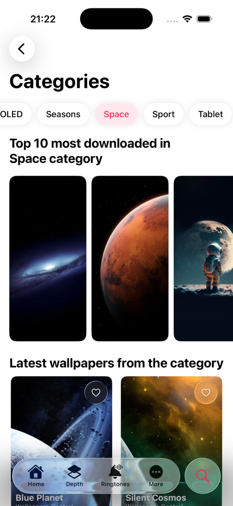 Wallpapers Central의 우주 카테고리 인터페이스로, 고품질 행성 및 은하 배경화면이 표시됩니다.