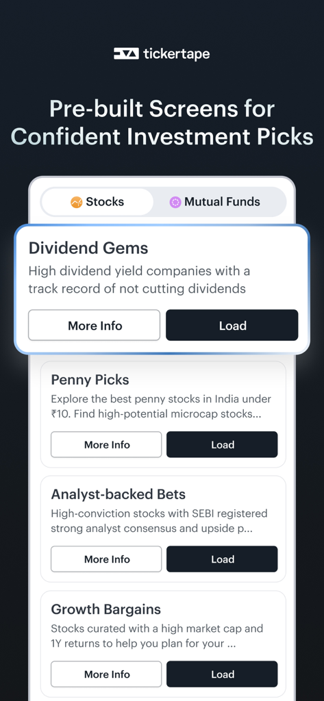 Tickertape: MF, Stock screener - Interfaz de la aplicación móvil Tickertape que muestra categorías de inversión seleccionadas para acciones y fondos mutuos indios
