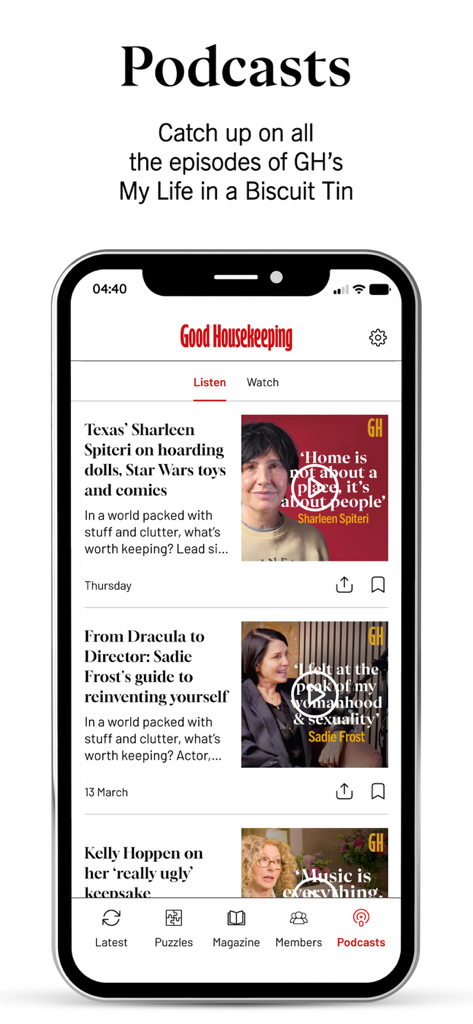 Good Housekeeping UK - Mobile interface of the Good Housekeeping UK app displaying the podcasts section with celebrity interview episodes.