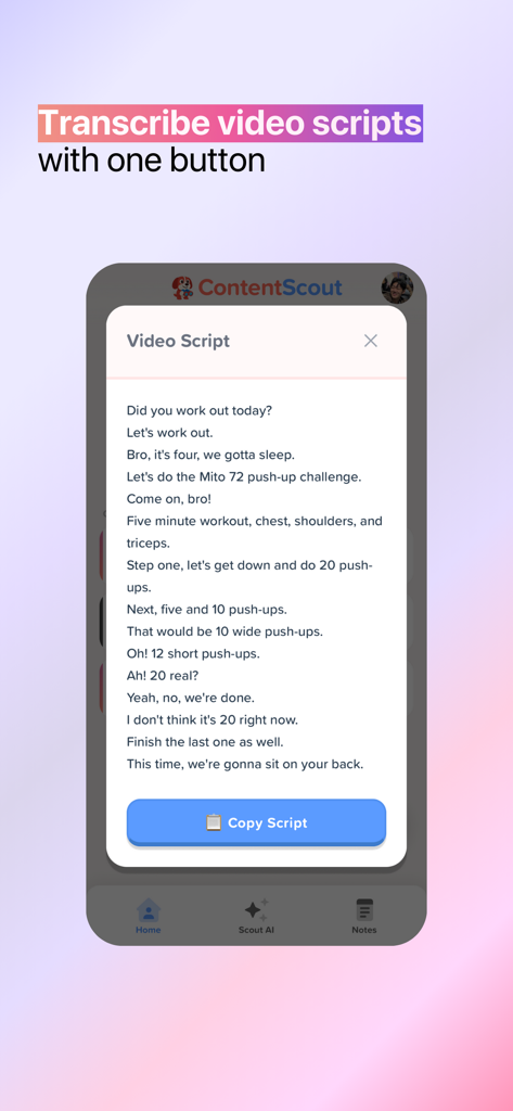 トランスクリプトされた動画スクリプトと、青い「スクリプトをコピー」ボタンを表示するスマートフォンのインターフェース
