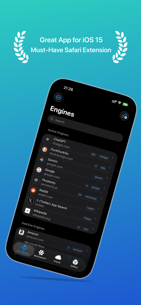 xSearch for Safari - A mobile interface showing the xSearch for Safari extension with a list of active search engines including ChatGPT Google and Reddit