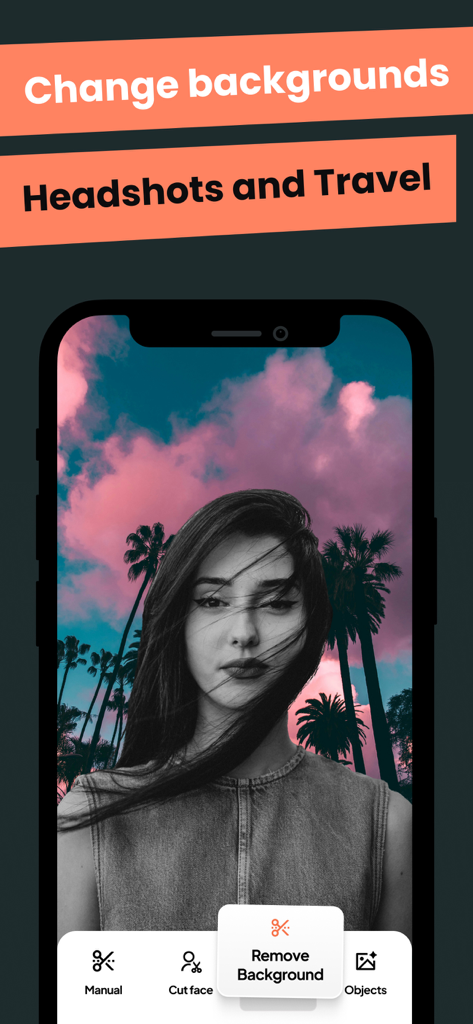 Cut and Paste: Photos Editor - Interface de aplicativo móvel mostrando a ferramenta de remoção de fundo em uma foto de retrato com palmeiras