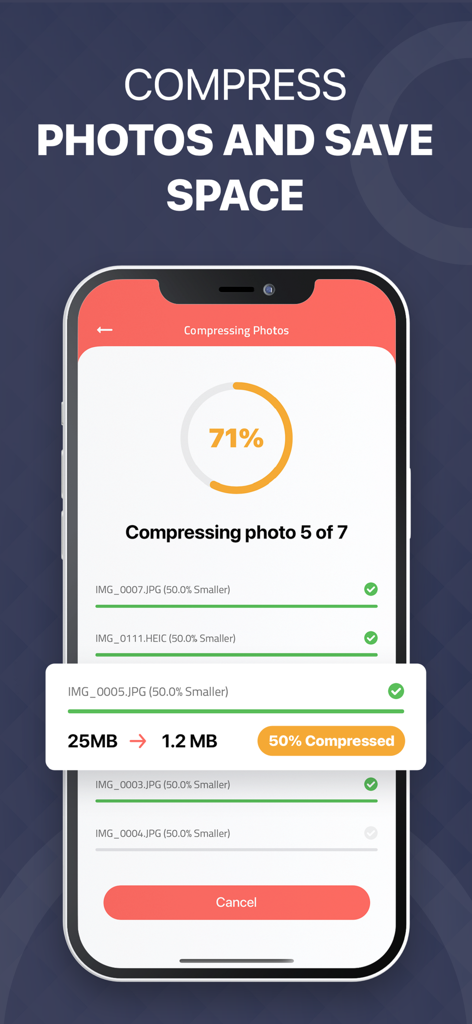 Video Compressor: Resize Image - Mobile app interface showing photo compression progress and file size reduction to save device storage