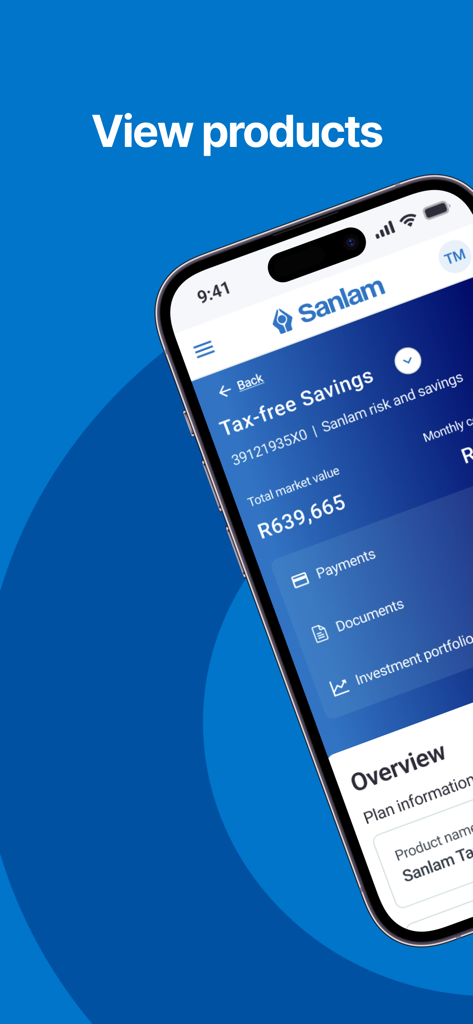 Sanlam Portfolio mobile app interface showing a tax-free savings account overview with market value