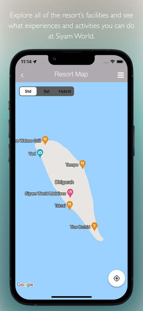 Siyam World - Captura de tela do aplicativo móvel Siyam World mostrando um mapa interativo do resort com locais para jantares e atividades nas Maldivas