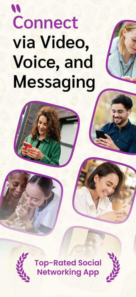 Video Chat — Tokee - Promotional screen for Tokee showing young adults connecting via video voice and messaging.