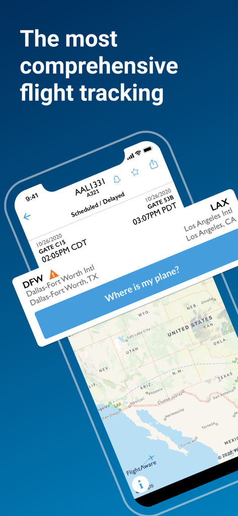 FlightAware Flight Tracker - Mobile screen displaying FlightAware flight tracking details and a real-time map of the United States.