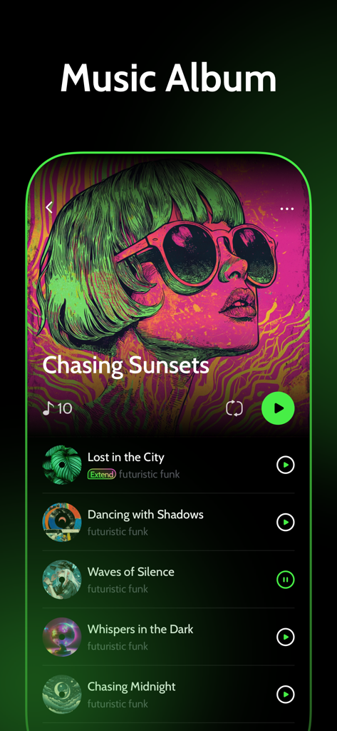 SongMaker AI Music Generator app interface showing a music album and tracklist