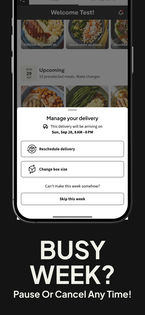 Factor_ Prepared Meal Delivery - Interfaz de la aplicación Factor que muestra opciones para reprogramar, cambiar el tamaño de la caja o saltarse una semana de entrega de comida.