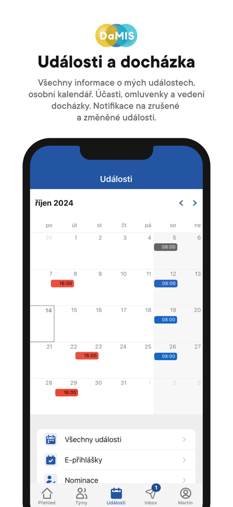 DaMISアプリのカレンダーインターフェース。予定されたイベントと出欠確認を表示