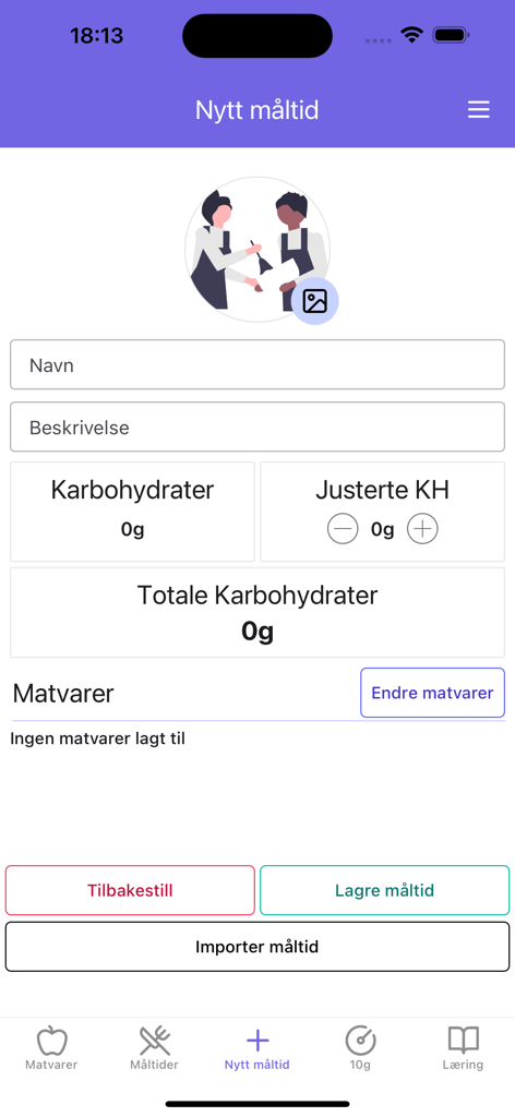 Screenshot dell'app Karbo and Insulin che mostra la schermata di aggiunta di un nuovo pasto con i campi per il calcolo dei carboidrati