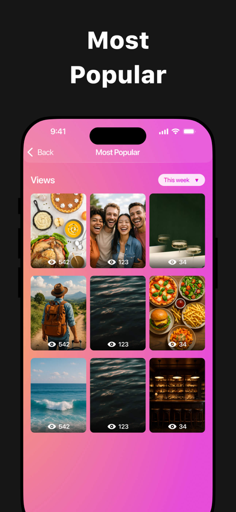 My Followers Tracker - A mobile app interface displaying the most popular posts with view counts in a grid layout.