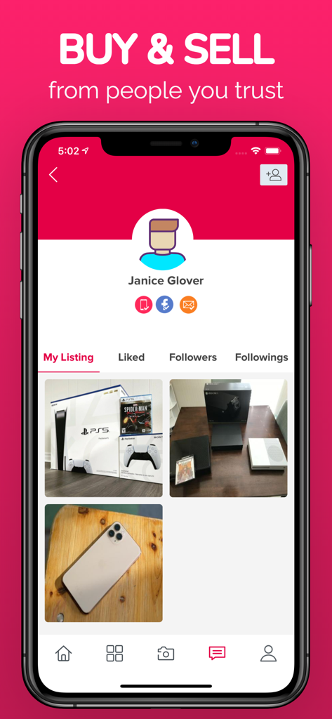 Marketplace: Buy & Sell Tradet - Tradet Marketplace mobile app showing a seller profile with used electronics for sale