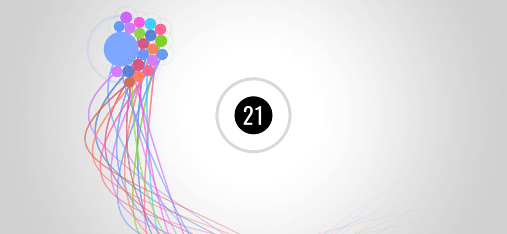 Planetas coloridos orbitando un agujero negro en un simulador de física minimalista con estelas de trayectoria de colores.