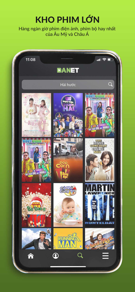 iPhone screenshot of the DANET movie app showing a large library of international and local films with a search bar