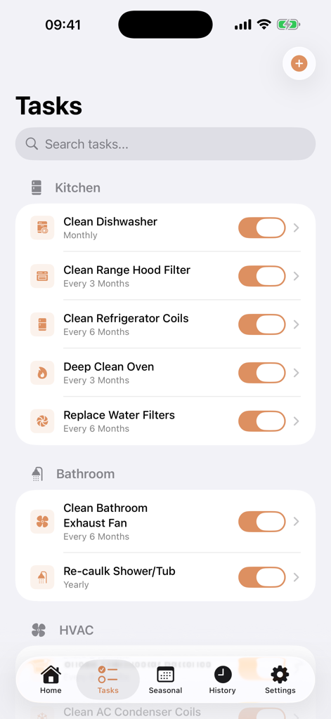 HomeKeep app interface displaying a list of pre-loaded maintenance tasks for different rooms with frequency settings