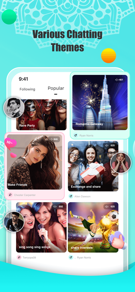 Interface of the Lama app showing various themed voice chat rooms including parties and music