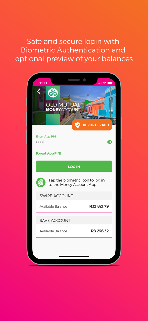 OM Money Account app login screen featuring biometric authentication and a preview of Swipe and Save account balances