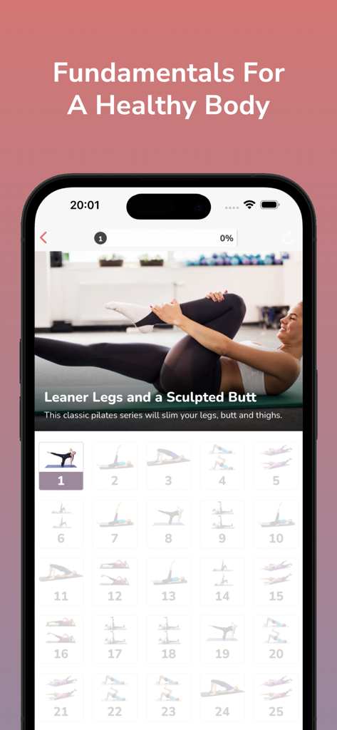 Pilates - Daily Workout - Interfaz de la aplicación de Pilates que muestra un entrenamiento de la parte inferior del cuerpo y una lista numerada de ejercicios.