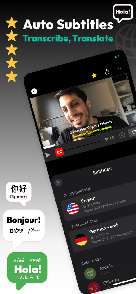 Subtitles AI: Video & Audio - Subtitles AI app interface showing automatic transcription and translation of a video