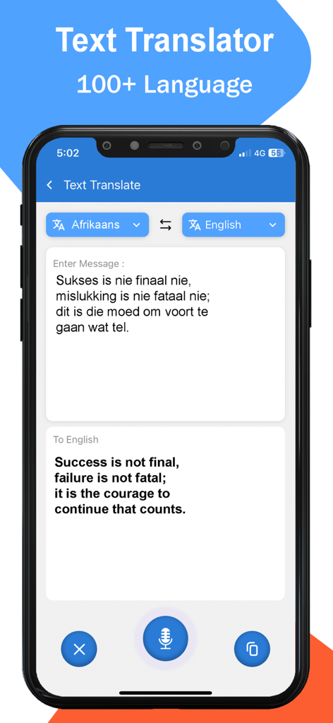 Interface du traducteur de texte dans Parallel App montrant une traduction de message de l'afrikaans vers l'anglais