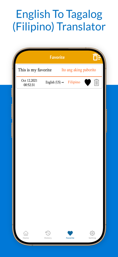 English To Tagalog Translation - Interface of the English to Tagalog translator app displaying a saved favorite translation on a smartphone.