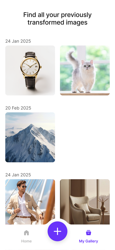 Upscale: AI Photo Enhancer - Vista de galería de la aplicación Upscale AI que muestra un historial de imágenes mejoradas, incluyendo un reloj, un gato y paisajes