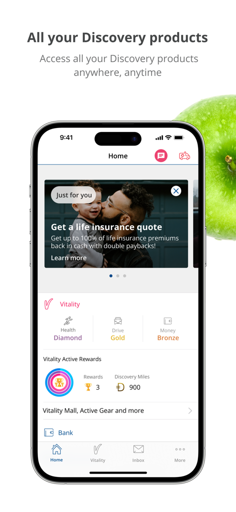 Discoveryモバイルアプリのダッシュボード。Vitalityのステータス、報酬、保険サービスが表示されています。