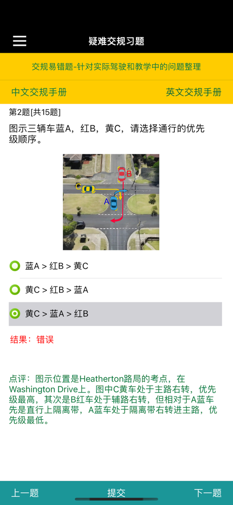 A screenshot of a Chinese-language mobile app for the Victoria driver's license test showing a practice question about vehicle priority at an intersection with a diagram and feedback.