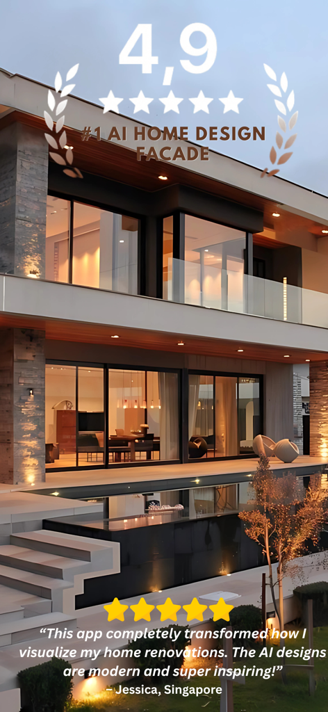 AI Home Design Landscape - Modern house facade design with a 4.9 star rating and a user review for AI Home Design app
