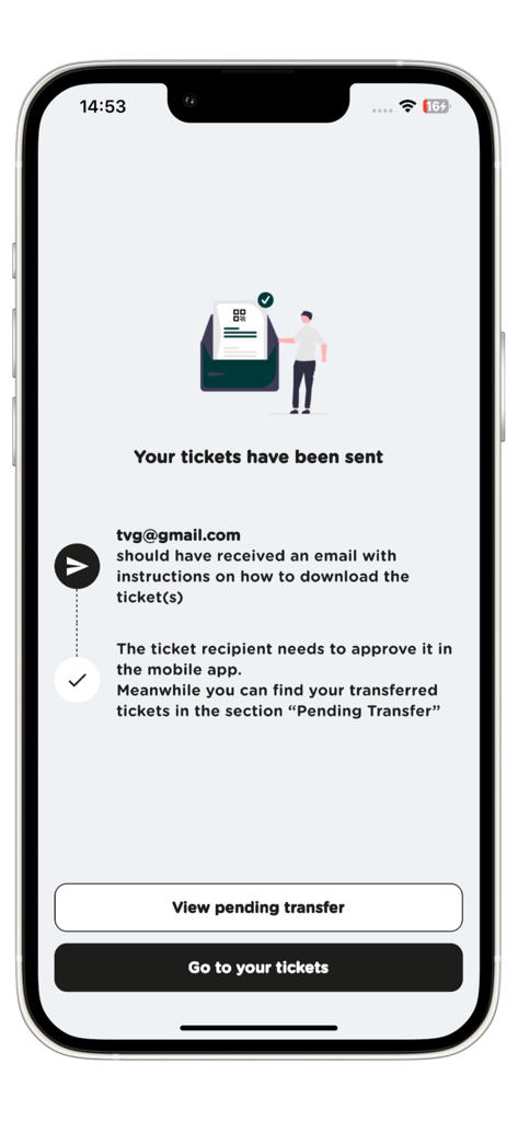 England Netball Tickets app confirmation screen showing that tickets have been successfully sent to a recipient.