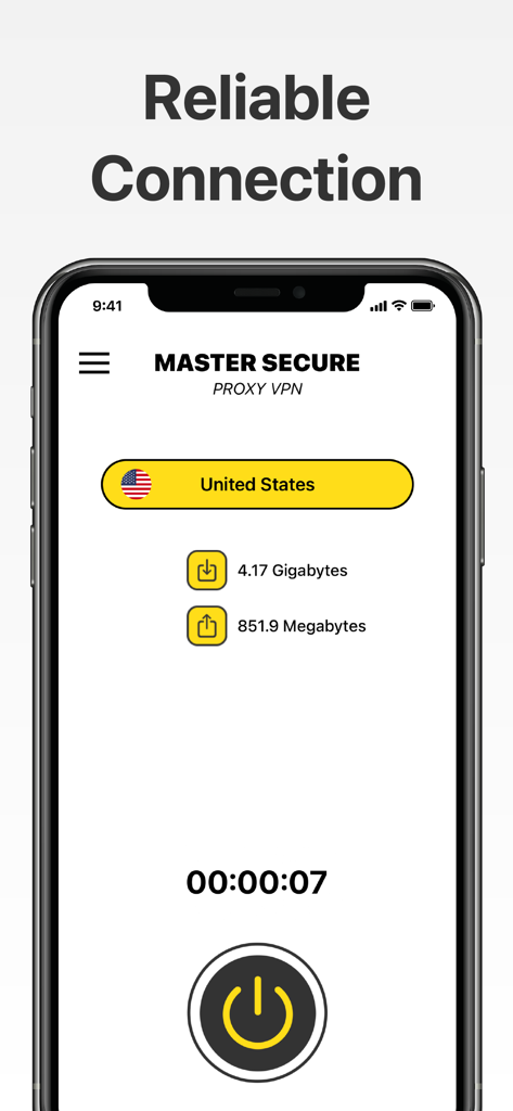 Master Secure VPN - Master Secure VPN interface showing a reliable connection to a United States server with data usage stats