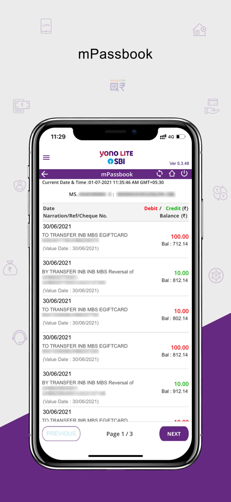 The mPassbook interface of the Yono Lite SBI app displaying a list of recent bank transactions with debit and credit amounts.