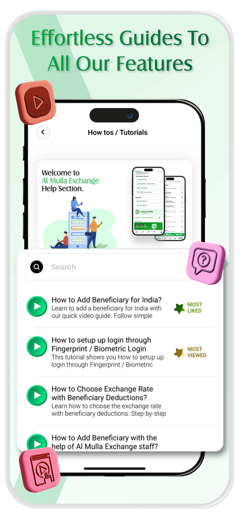 Al Mulla Exchange - Schermata che mostra tutorial video e guide per le funzionalità dell'app Al Mulla Exchange