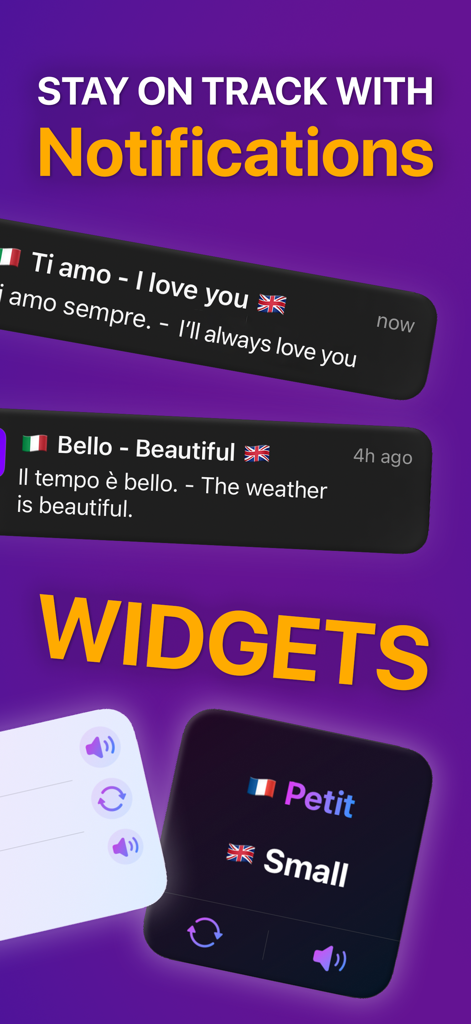 Lingo: Daily Language Learning - Interface do aplicativo Lingo mostrando notificações de aprendizagem de vocabulário e widgets interativos na tela inicial