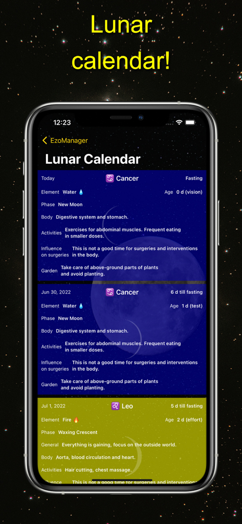 EzoManager – esoteric planner - EzoManager app screen showing a lunar calendar with zodiac signs, moon phases, and daily recommendations for health and gardening.