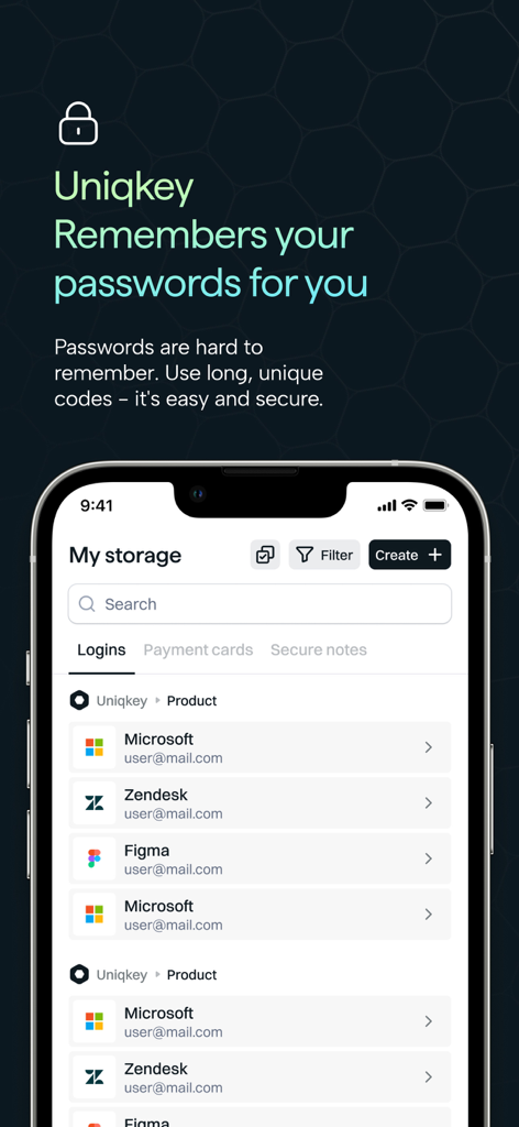 Uniqkey - Interface of the Uniqkey mobile app showing a secure list of stored login credentials for various business services.
