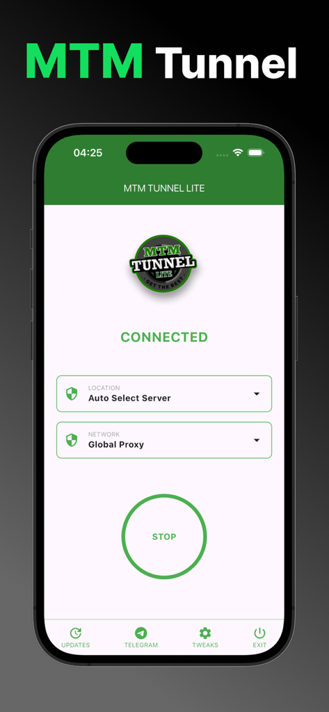 Interface of MTM Tunnel Lite app showing a successful connection with server and proxy details
