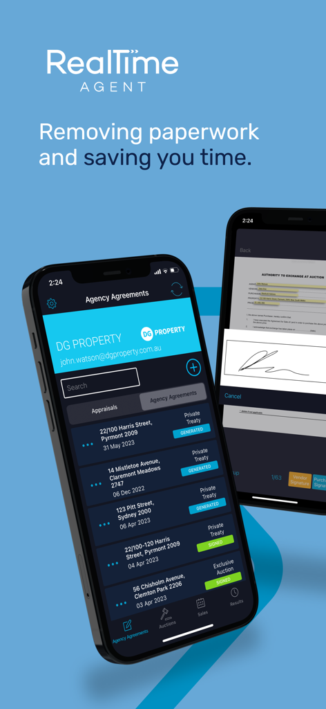 Interfaccia dell'app mobile Real Time Agent che mostra un elenco di accordi digitali e una sezione per la firma elettronica
