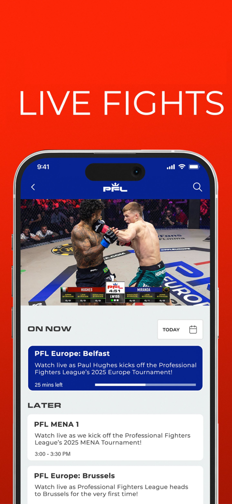 PFL - PFL mobile app interface showing a live MMA fight and a schedule of upcoming events